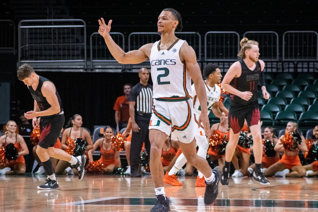 Fourth-year junior guard Isaiah Wong celebrates a three-pointer during Miami's exhibition game against IUP on Sunday, Oct. 30 at the Watsco Center.