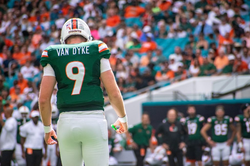 Third-year sophomore Tyler Van Dyke walks across the field during Miami's 45-21 loss against Duke University on Saturday, Oct. 22 at Hard Rock Stadium.
