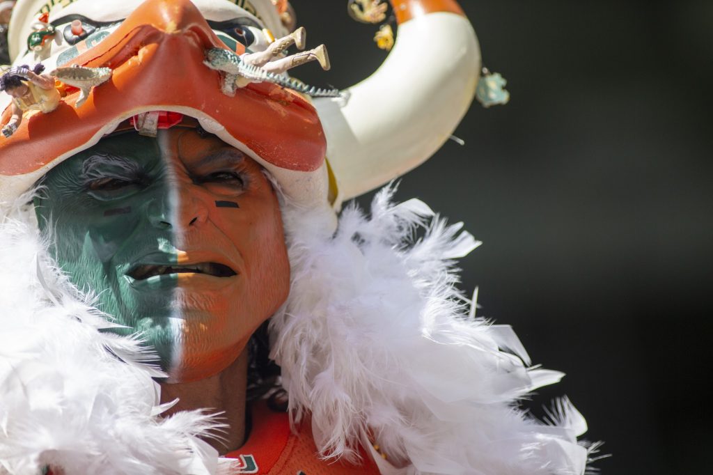 A 'Canes fan wears an impressive costume for the game against Duke University on Saturday, Oct. 22 at Hard Rock Stadium.