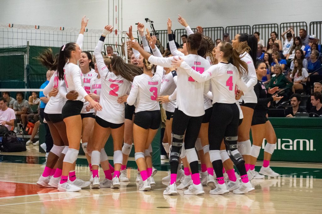 Players celebrate Miami's 3-0 win over Duke on Sunday, Oct. 9 at the Knight Sports Complex.