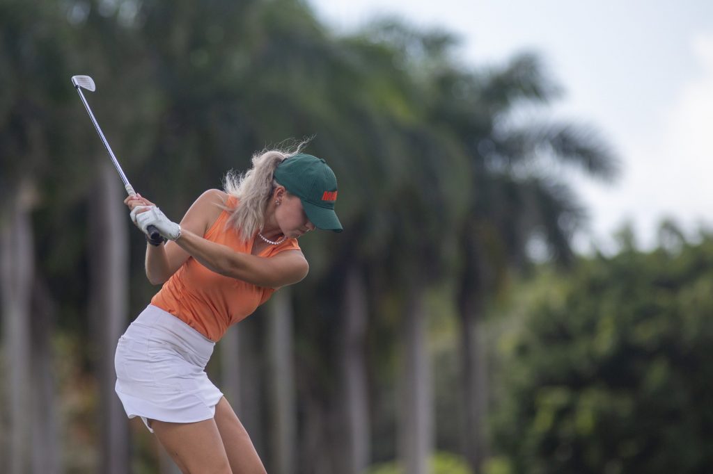 Third-year sophomore Nataliya Guseva prepares to tee-off on Tuesday, Nov. 1 at the Biltmore Golf Course. Guseva stayed consistent throughout Miami’s two-day Hurricane Invitational, landing her a second place finish.