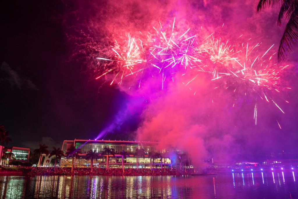 Fireworks light up the sky over Lake Osceola for the Homecoming Hurricane Howl evening events on Nov. 4, 2022.