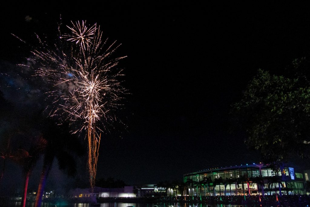 Fireworks light up the sky above the Shalala Student Center on Nov. 4 during the annual light show hosted on the Coral Gables campus.