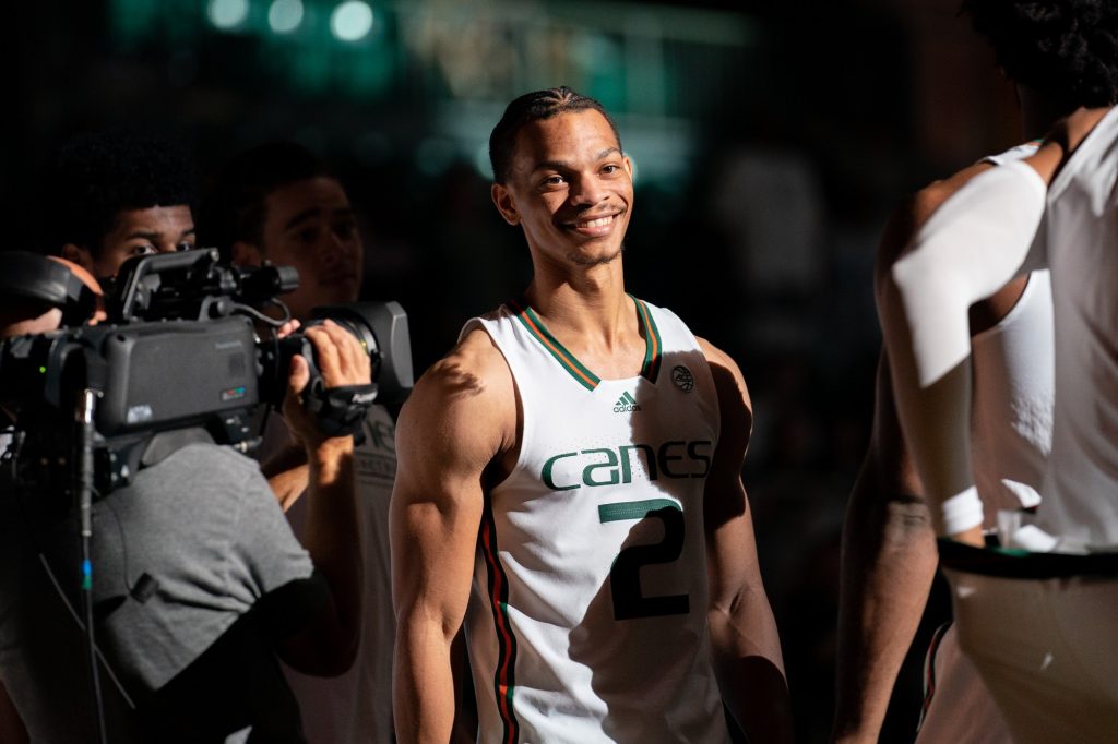 Fourth-year junior guard Isaiah Wong smiles during player introductions before the start of Miami’s game versus Lafayette in the Watsco Center on Nov. 7, 2022.