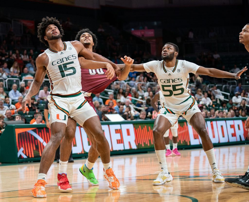 Third-year sophomore forward Norchad Omier boxes out freshman forward Josh Rivera during the first half of Miami’s game versus Lafayette in the Watsco Center on Nov. 7, 2022.