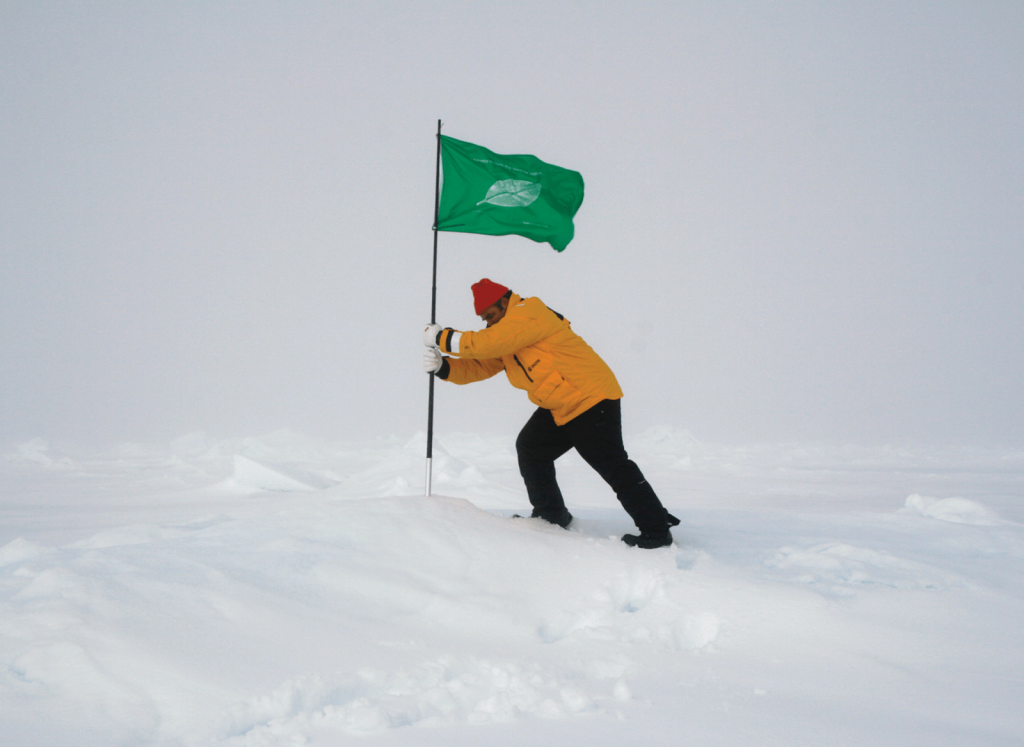 While at the North Pole, Cortada began "Native Flags," where he reclaimed land threatened by development for nature.