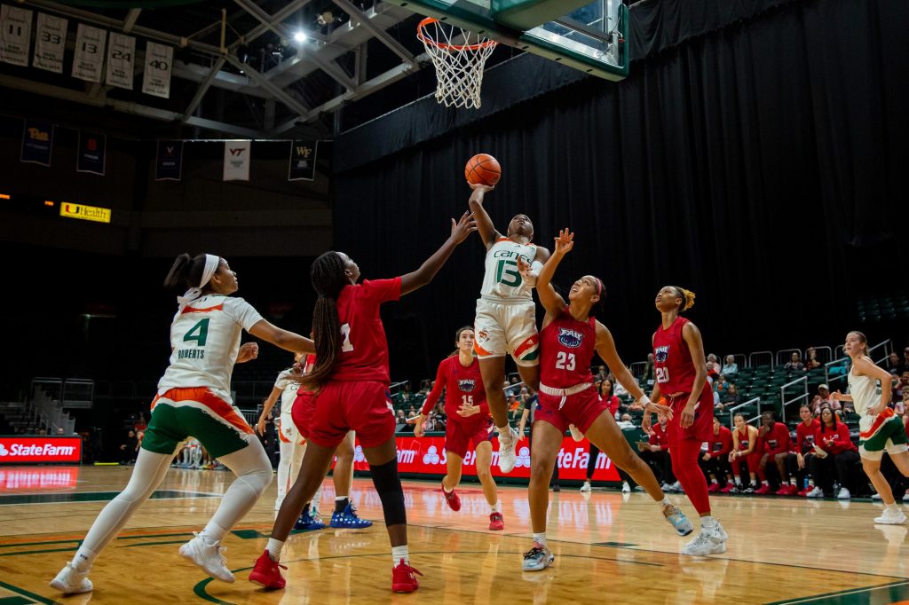Sophomore guard Lashae Dwyer sets up for a layup in the first quarter of Miami’s game against Florida Atlantic University at the Watsco Center on Wednesday, Nov. 16.