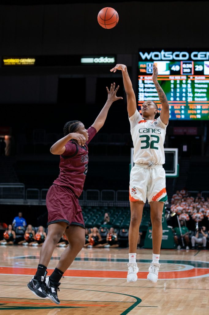 Freshman forward Lazaria Spearman shoots a jump shot during the third quarter of Miami’s game versus Maryland Eastern Shore in the Watsco Center on Nov. 7, 2022.