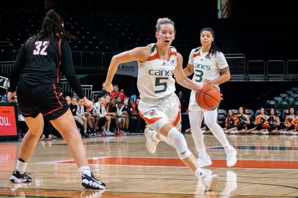 Graduate guard Karla Erjavec dribbles the ball during Miami's exhibition win over Barry on Wednesday, Nov. 2 at the Watsco Center.