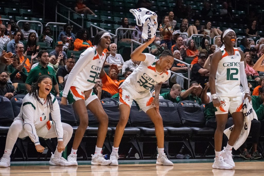 Miami players celebrate their 83-51 win over UMES on Monday, Nov. 7 at the Watsco Center.