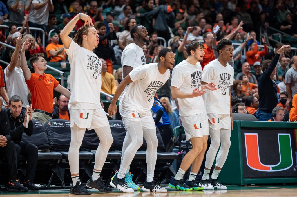 University of Miami players celebrate a 3-point shot during their win over the University of Virginia on Dec. 20 at the Watsco Center.