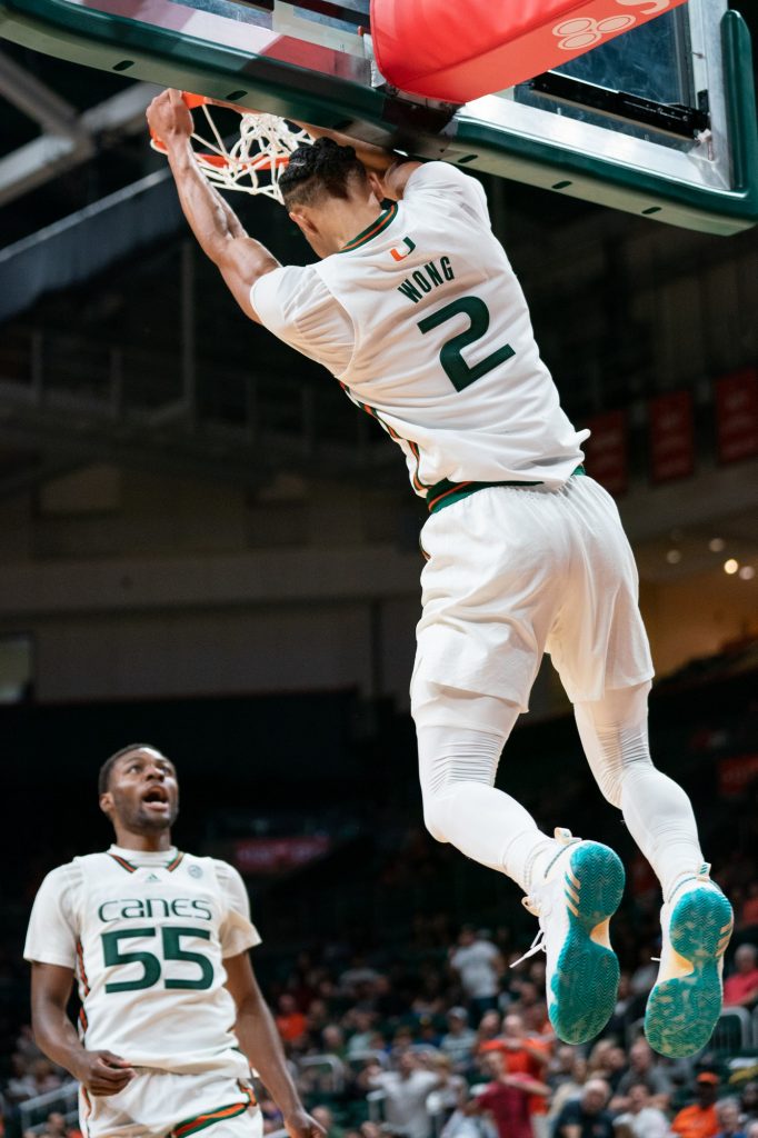Fourth-year junior guard Isaiah Wong dunks to end the first half of Miami’s game versus St. Francis University in the Watsco Center on Dec. 17, 2022.