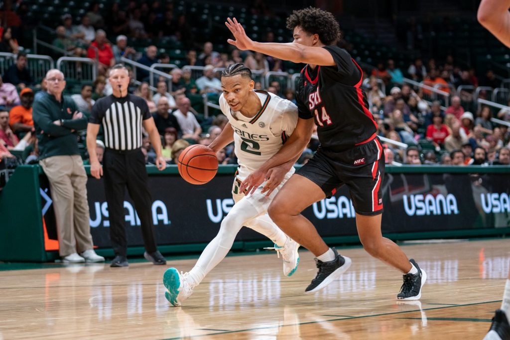 Fourth-year junior guard Isaiah Wong drives to the basket during the second half of Miami’s game versus St. Francis University in the Watsco Center on Dec. 17, 2022.