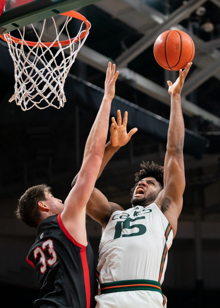 Third-year forward Norchad Omier lays up the ball during the second half of Miami’s game versus St. Francis University in the Watsco Center on Dec. 17, 2022.