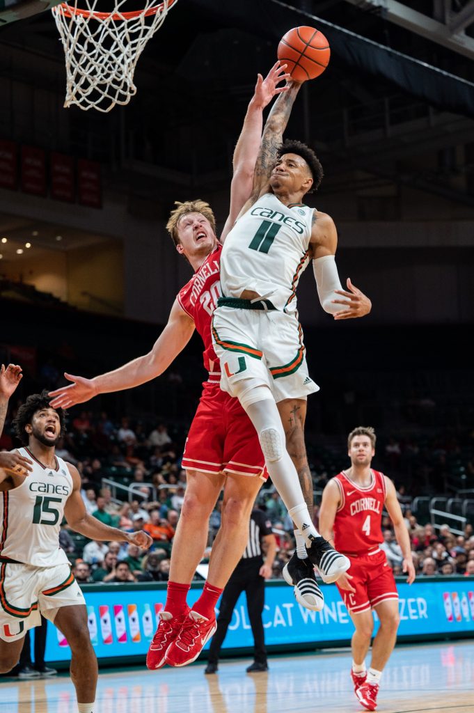 Fifth-year senior guard Jordan Miller dunks the ball during Miami's 107-105 win over Cornell University on Wednesday, Dec. 7 at the Watsco Center.