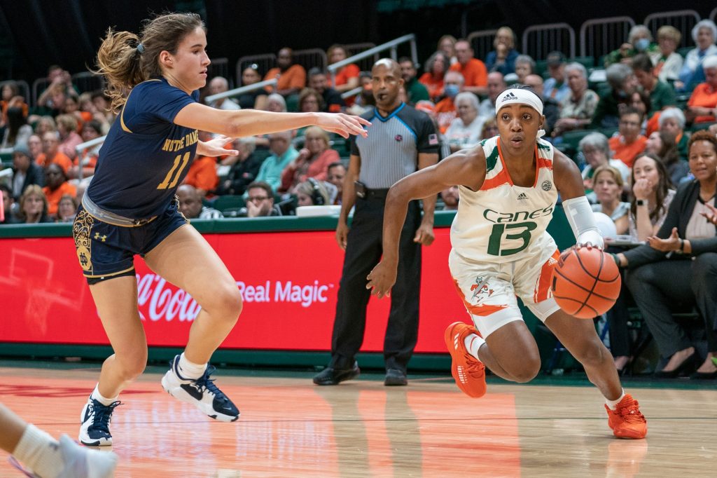 Sophomore guard Lashae Dwyer drives to the basket during the first quarter of Miami’s game versus Notre Dame in the Watsco Center on Dec. 29, 2022.