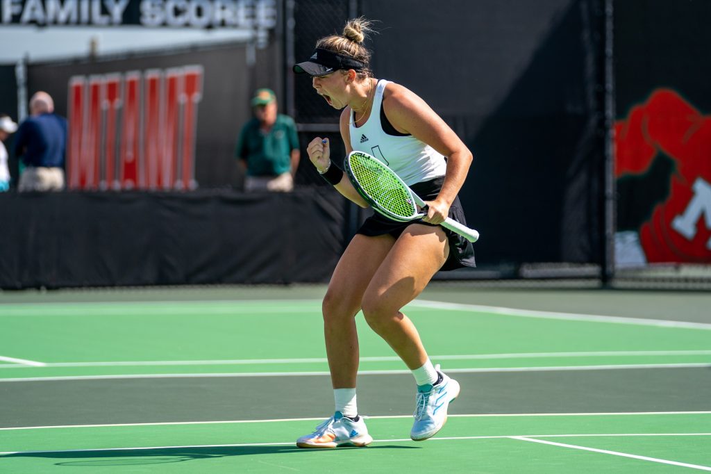Redshirt sophomore Alexa Noel celebrates winning a point during the first game of the second set of her singles match at the Neil Schiff Tennis Center on Jan. 28, 2023.
