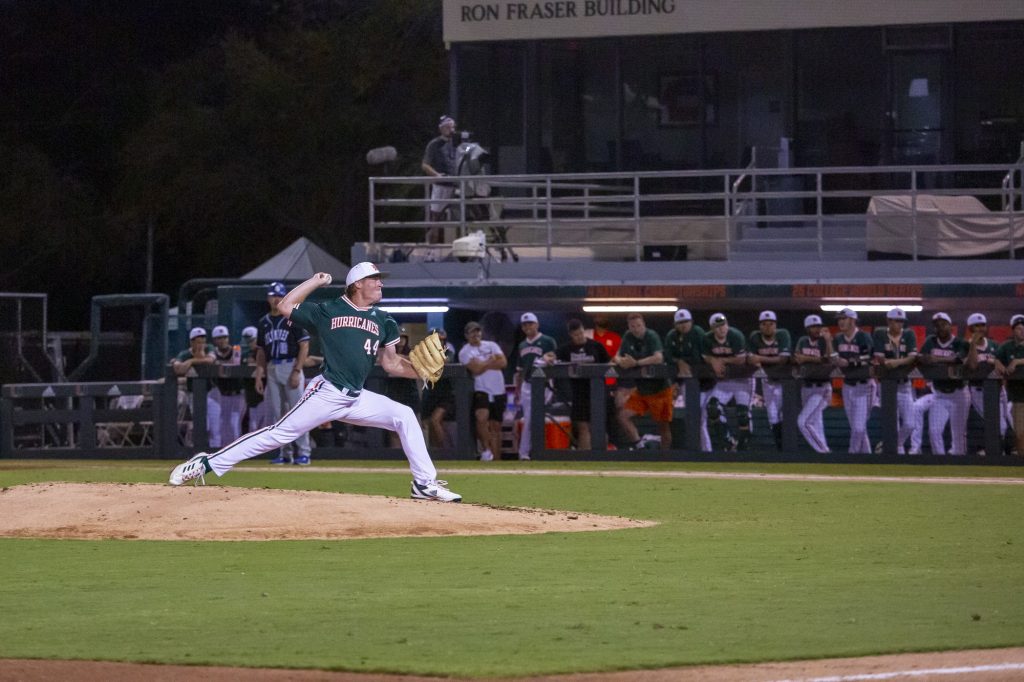 Junior Pitcher Ben Chestnutt pitches in the top of the third during Miami’s game against Indiana State on Wednesday, Feb. 22 at the Mark Light Field.