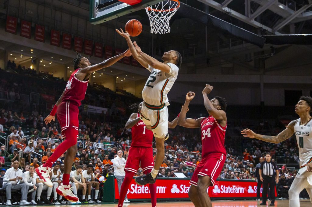 Fourth-year junior guard Isaiah Wong racks up 15 points during Miami’s game against the University of Louisville on Saturday, Feb. 11 at the Watsco Center.
