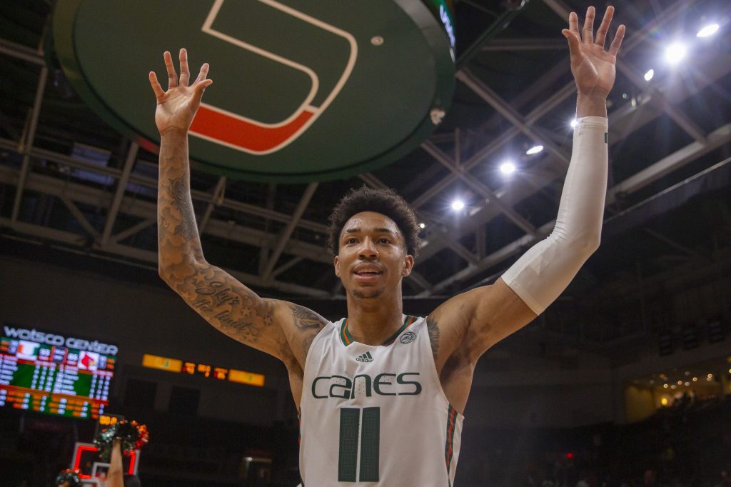 Fifth-year senior Jordan Miller thanks fans following the 'Canes win over the University of Louisville on Saturday, Feb. 11 at the Watsco Center.