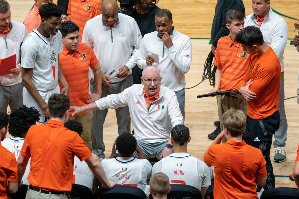 Head coach Jim Larrañaga speaks to his team during the second half of Miami’s game versus Florida State in the Watsco Center on Feb. 25, 2023.