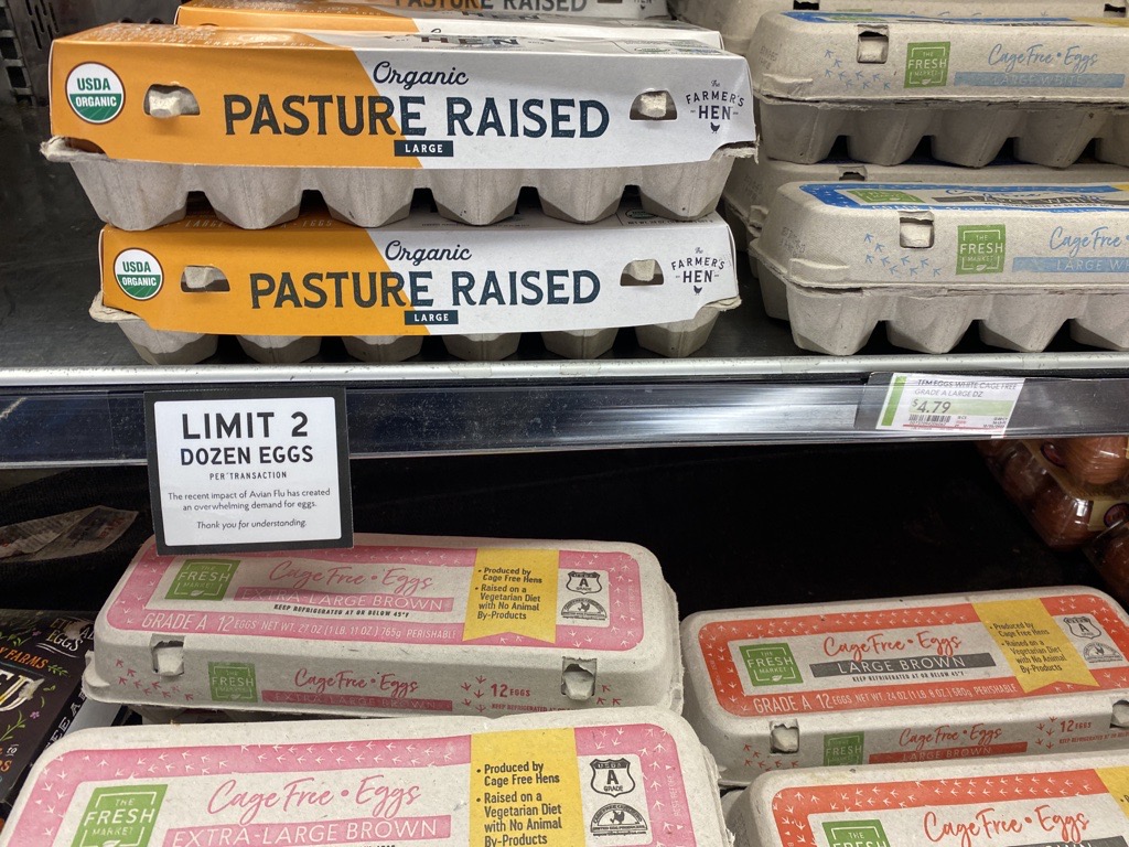 Egg cartons and limit notices displayed at Fresh Market in Coconut Grove