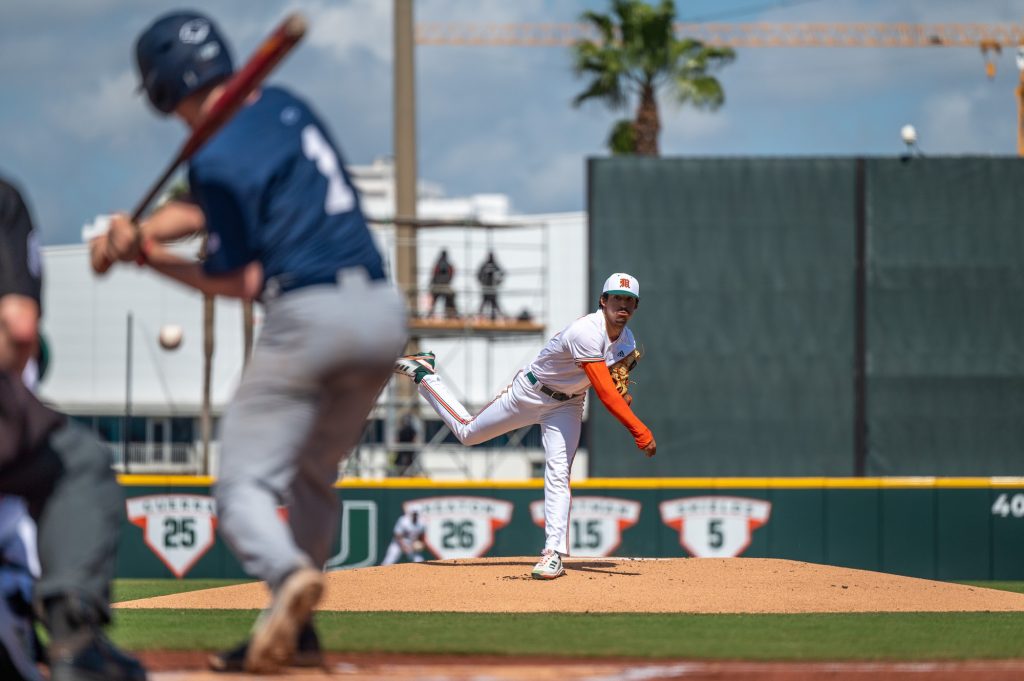 Junior right-handed pitcher Alejandro Rosario pitches during the first inning of Miami's game against Penn State University on Sunday, Feb. 19 at Mark Light Field.