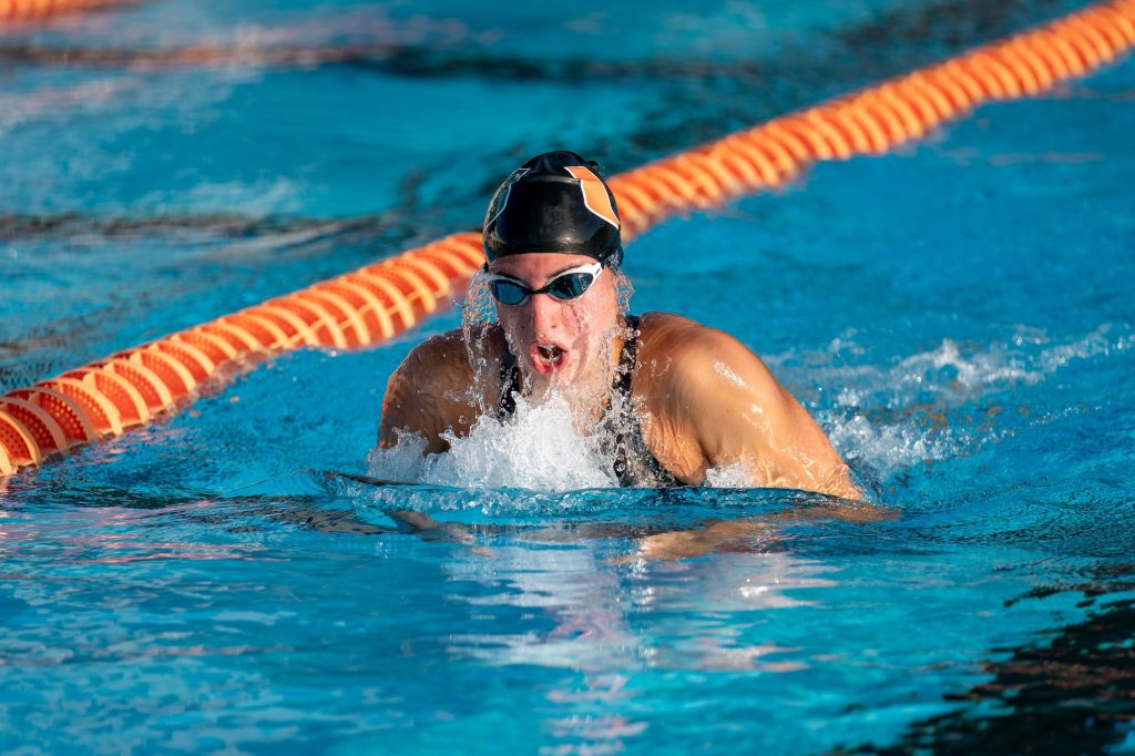 Sophomore Ariana Brattoli competes in the 200-yard IM time trial during Miami’s First Chance Meet, at the Norman Whitten Pool on Feb. 10, 2022.
