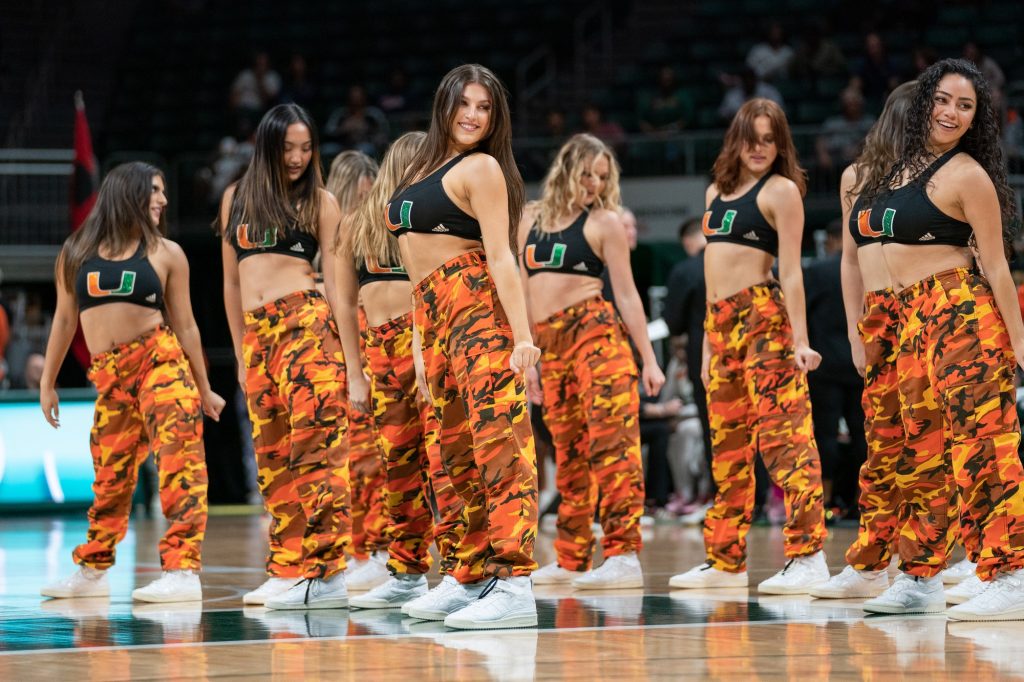 The Sunsations dance team performs during a timeout in the second quarter of Miami’s game versus Florida State in the Watsco Center on Feb. 9, 2023.