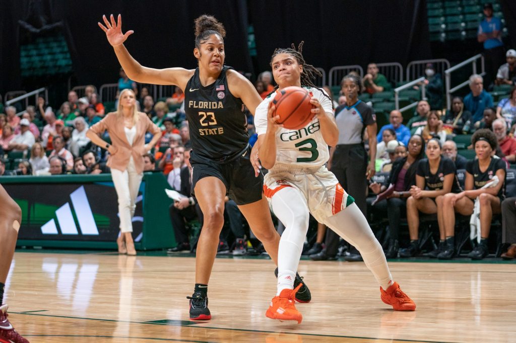 Graduate student forward Destiny Harden drives to the basket during the second quarter of Miami’s game versus Florida State in the Watsco Center on Feb. 9, 2023.