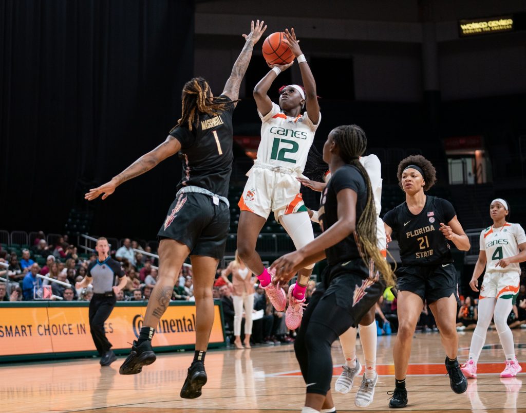 Sophomore guard Ja’Leah Williams shoots a jump shot during the third quarter of Miami’s game versus Florida State in the Watsco Center on Feb. 9, 2023.