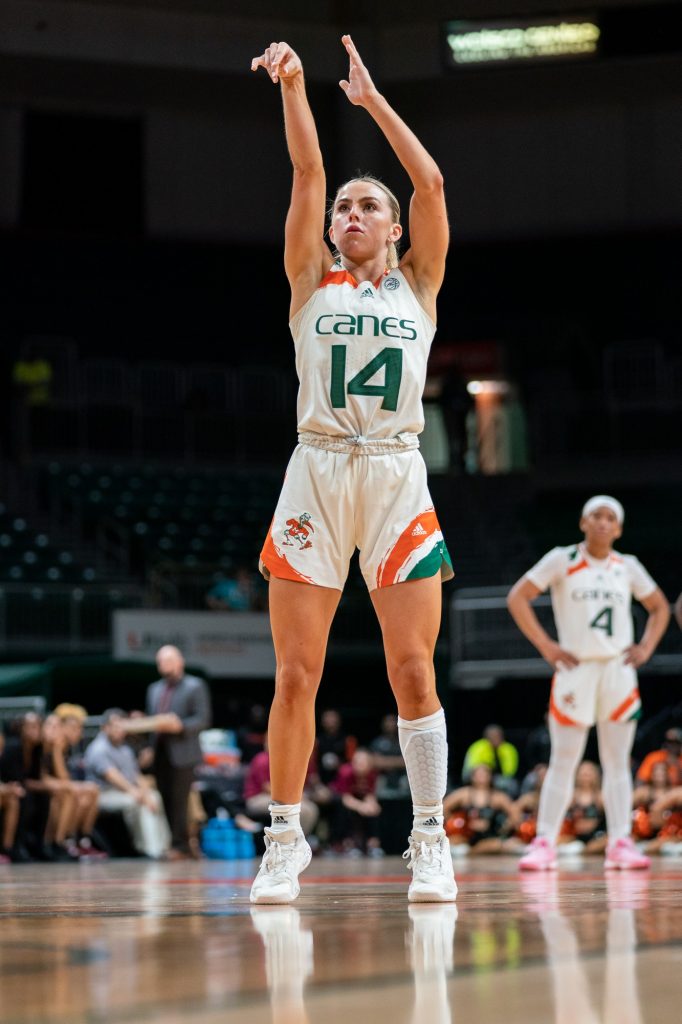 Senior guard Haley Cavinder shoots a free throw during the fourth quarter of Miami’s game versus Florida State in the Watsco Center on Feb. 9, 2023.