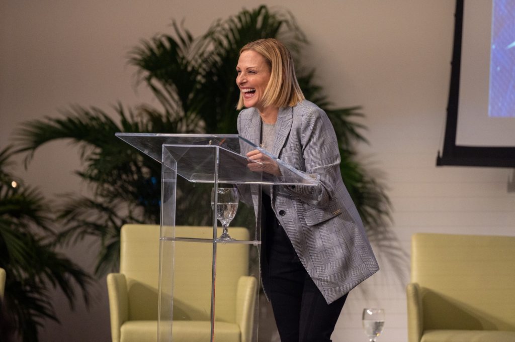 Actress Marlee Matlin laughs along with students during her What Matters to U speaker series on March 2 in the Shalala Grand Ballrooms.