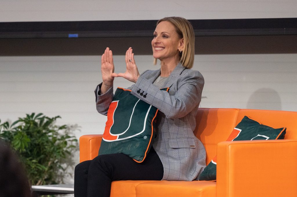 Marlee Matlin throws up the U following her What Matters to you presentation on March 2 in the Shalala Student Center.