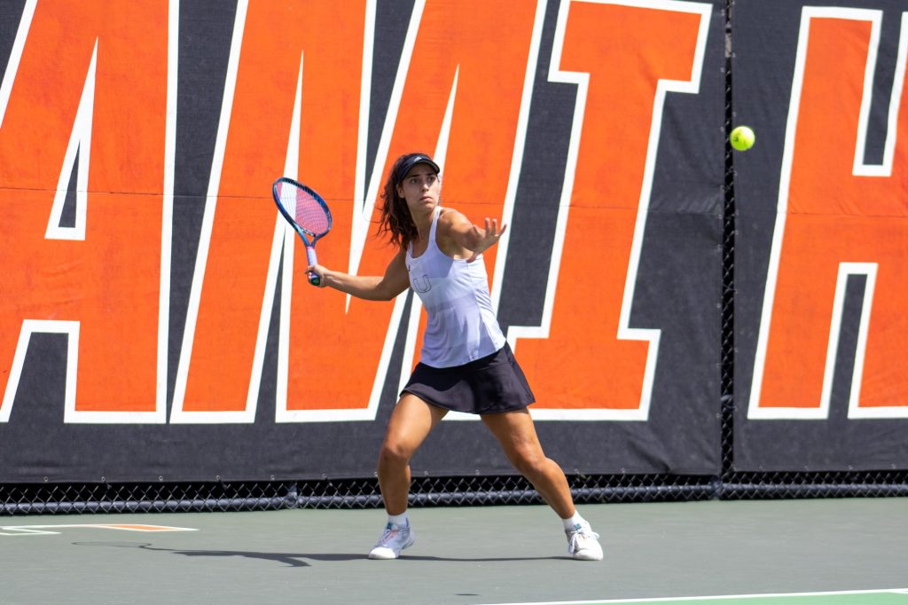 Fourth-year junior Maya Tahan returns that ball during her doubles matches with fifth-year senior Daevenia Achong against Wake Forest on Sunday, March 12 at Neil Schiff Tennis Center.