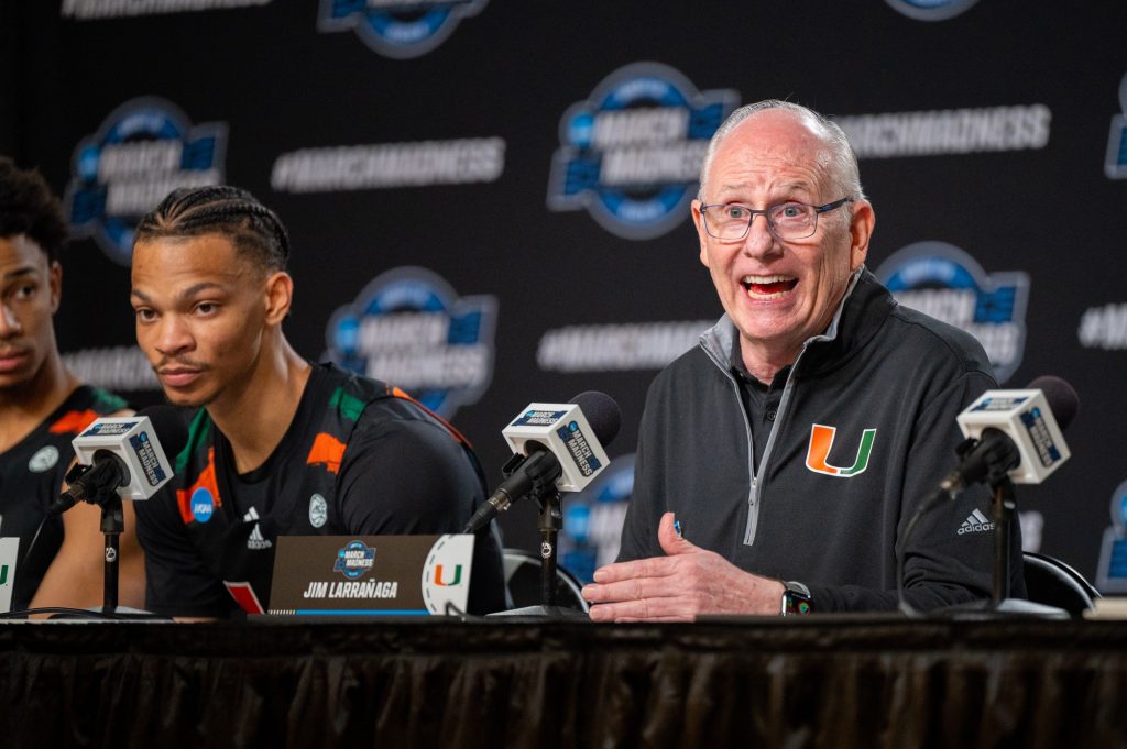 Head coach Jim Larrañaga talks to about the teams defense following Miami's win over the University of Houston on Friday, March 24 at the T-mobile Arena.