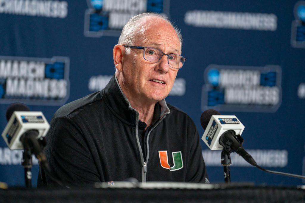 Head Coach Jim Larrañaga speaks during the press conference after Miami’s Round of 64 63-56 win over Drake University in MVP Arena in Albany, N.Y. on March 17, 2023.
