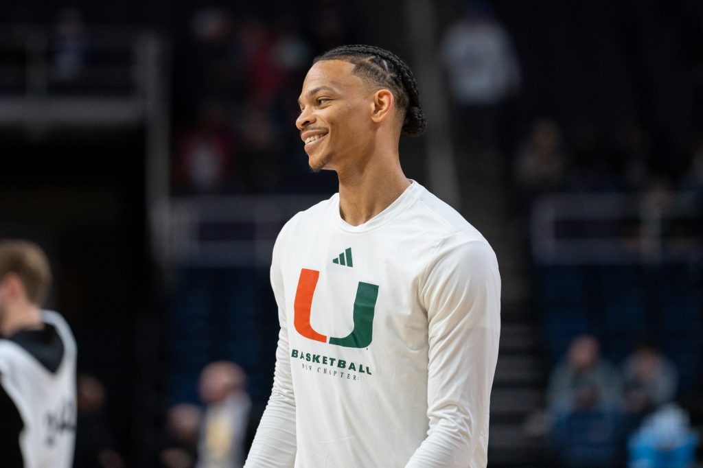 Fourth-year junior guard Isaiah Wong warms up before Miami’s Round of 64 matchup against Drake in MVP Arena in Albany, N.Y. on March 17, 2023.