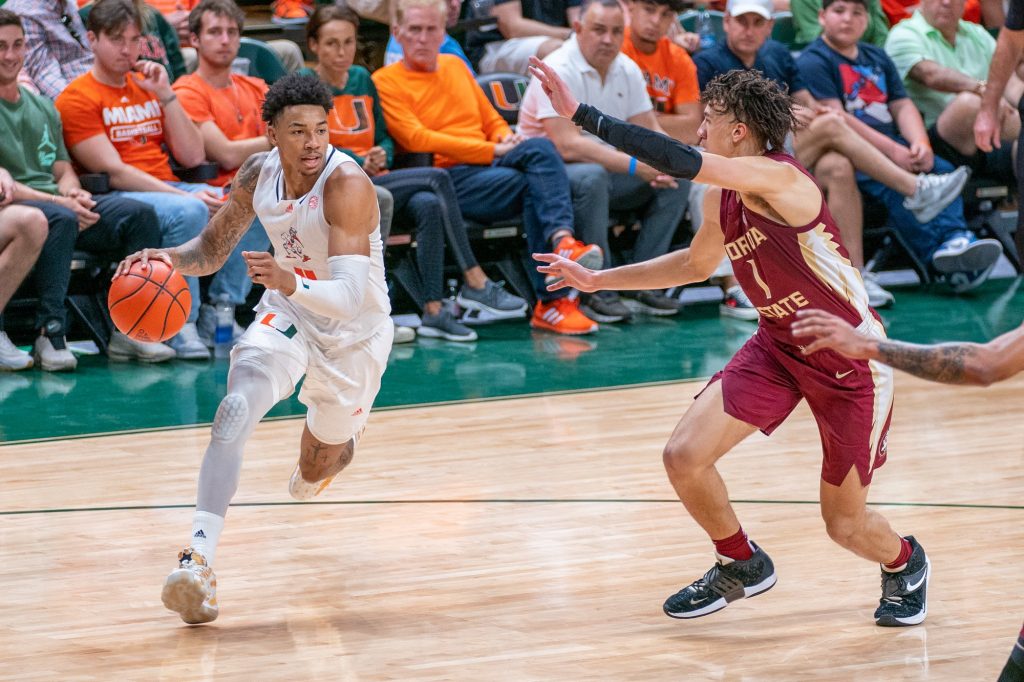 Fifth-year senior guard Jordan Miller drives to the basket during the first half of Miami’s game versus Florida State University in the Watsco Center on Feb. 25, 2023.