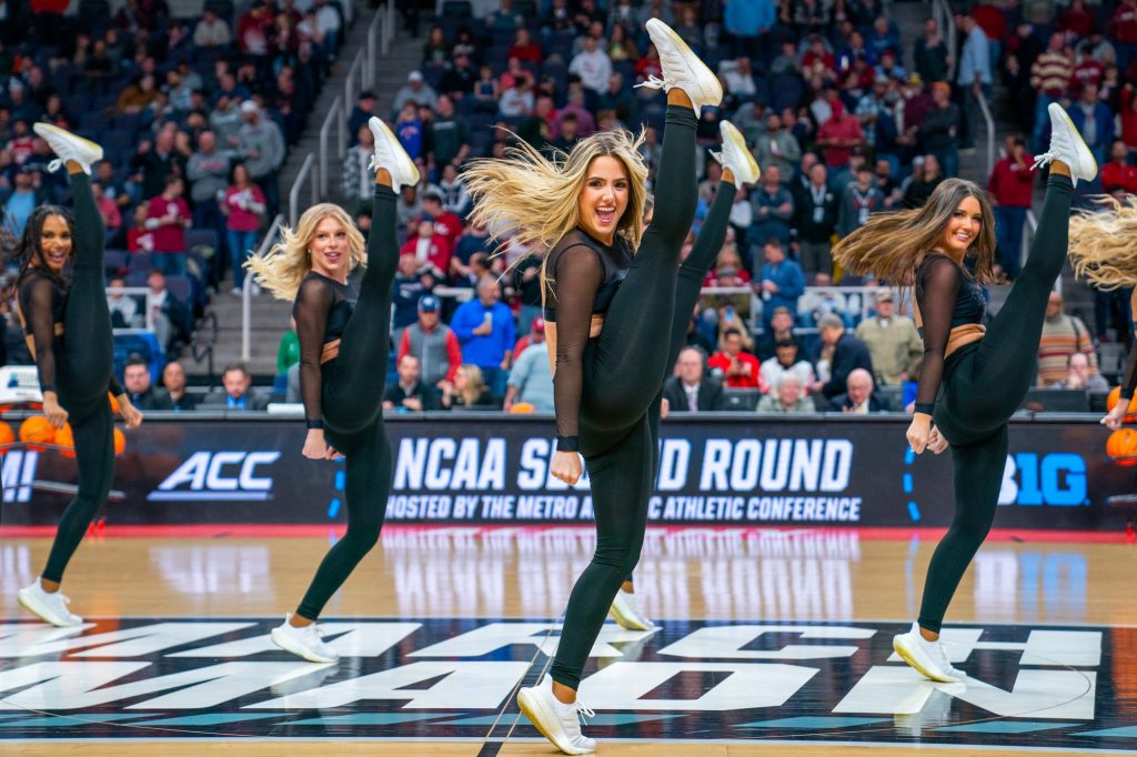 The Sunsations Dance Team performs during halftime of Miami’s Round of 32 matchup against Indiana University in MVP Arena in Albany, N.Y. on March 19, 2023.