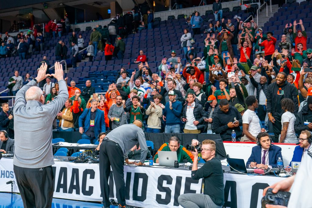 Head coach Jim Larrañaga throws up the U to fans after Miami’s Round of 32 85-69 win over Indiana University in MVP Arena in Albany, N.Y. on March 19, 2023.