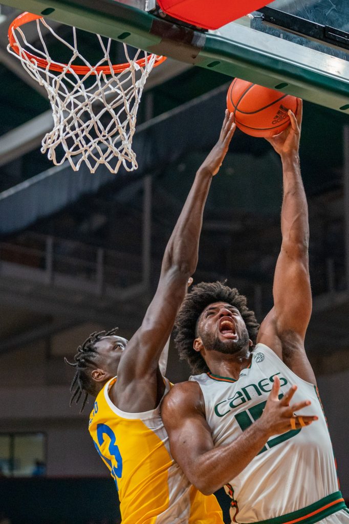 Third-year sophomore forward Norchad Omier drives to the basket during the first half of Miami’s game versus the University of Pittsburgh in the Watsco Center on March 4, 2023.