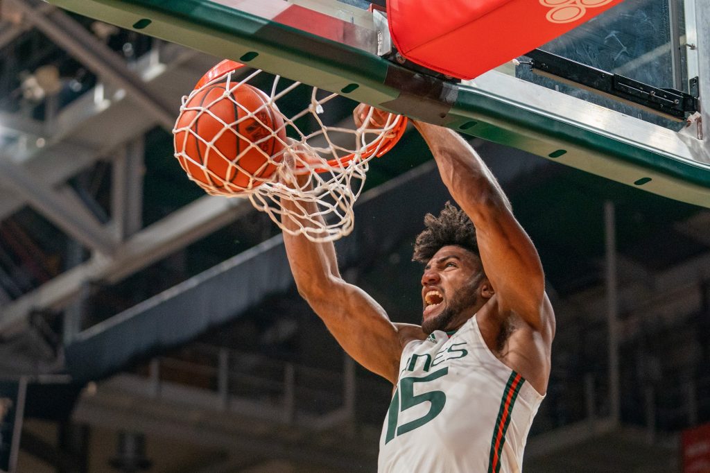 Third-year sophomore forward Norchad Omier dunks during the first half of Miami’s game versus the University of Pittsburgh in the Watsco Center on March 4, 2023.