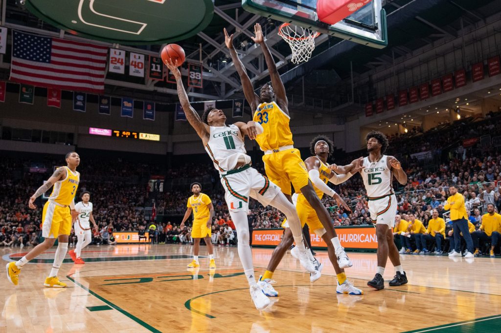 Fifth-year senior guard Jordan Miller lays up the ball during the first half of Miami’s game versus Pittsburgh in the Watsco Center on March 4, 2023.