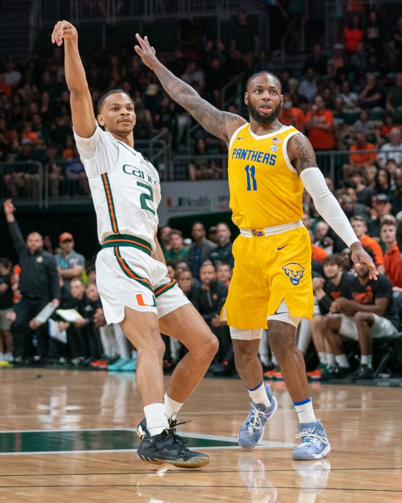 Fourth-year junior guard Isaiah Wong shoots a jump shot during the first half of Miami’s game versus Pittsburgh in the Watsco Center on March 4, 2023.