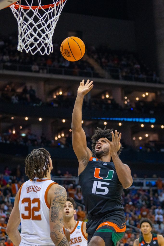 Third-year sophomore forward Norchad shoots during the first half of Miami’s Elite Eight matchup against the University of Texas in the T-Mobile Center in Kansas City, MO on March 26, 2023.