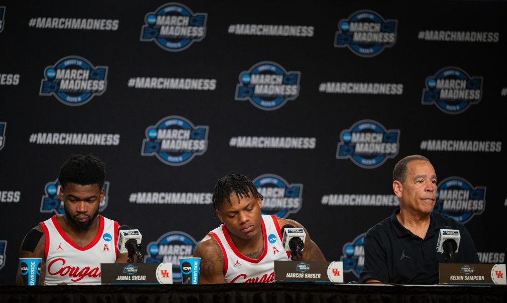 University of Houston players and head coach sit down for a press conference following Miami's 89-75 win during the Sweet 16 matchup on Friday, March 24 at the T-Mobile Arena.