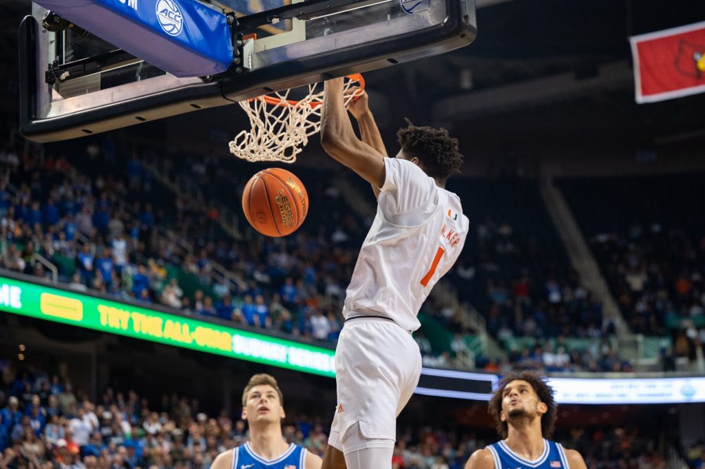 Fourth-year junior forward Anthony Walker dunks the ball during Miami's game against Duke University during the ACC Tournament on March 10 in the Greensboro Coliseum Complex.