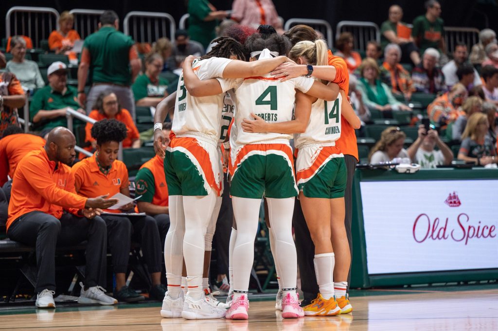The starting five gather prior to Miami's final home game against the University of Virginia on Sunday, Feb. 26 at the Watsco Center.