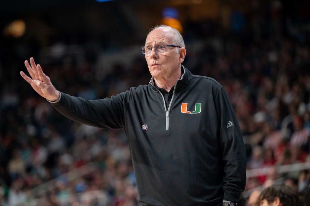 Head coach Jim Larranaga yells a play to the court during Miami's first round win over Drake University on Friday, March 17 at the MVP Arena.
